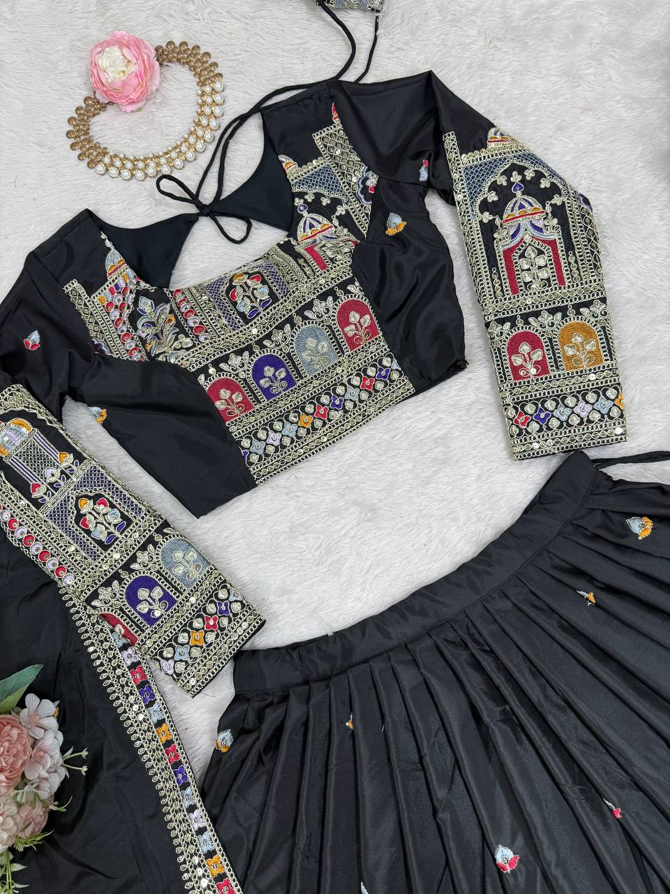 Majestic Midnight Black Designer Lehenga Choli Featuring Intricate Multicolored Architectural Embroidery and Mirror Work